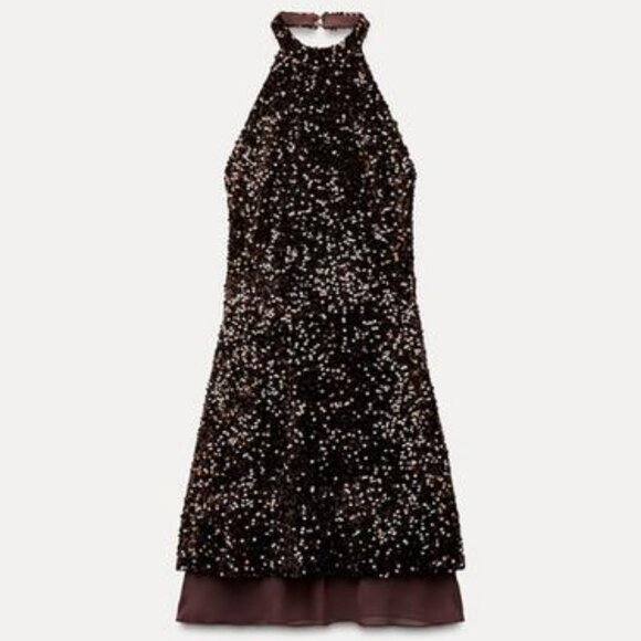 NWT ZARA SEQUIN MINI DRESS OPEN BACK BROWN FESTIVE COLLECTION - Picture 3 of 9